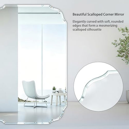36"x 24" Frameless Beveled Wall Mirror Silver Scalloped Edge Vanity Mirror for Bathroom, Bedroom, Entryway, Modern Rectangle Wall Mounted Decorative Mirror with Shatter-Resistant Glass