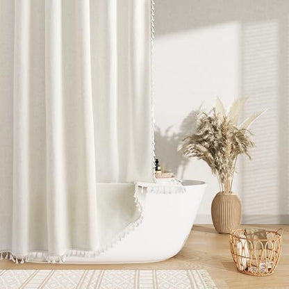 Nanspring Extra Long Cream Boho Linen Shower Curtain 84 Inches Vintage Country Cute Tassel Shower Curtains Set with Hooks for Bathroom Modern Farmhouse Cloth Shower Curtain Waterproof 72x84, Natural