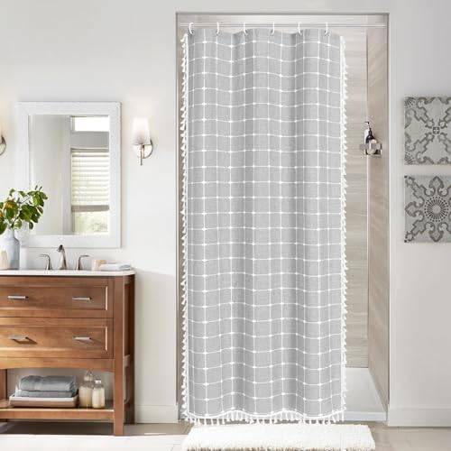 Boho Farmhouse Classic Plaid Linen Tassel Shower Curtain Light Grey,36x72