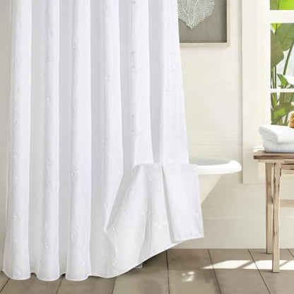 Embroidered Leaf Farmhouse Shower Curtain,Faux Linen,72Wx72L,White