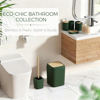 Green Bathroom Accessories Set - Bathroom Set with Shower Curtain and Rugs, Trash Can, Toilet Brush with Holder, Soap Dispenser, Toothbrush and Toothpaste Holder, Cup, Soap Dish, Qtip Holders, Hooks