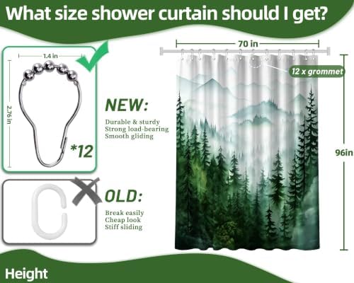 Dark Green and White Extra Long Shower Curtain, Tall 72X96 in, Forest