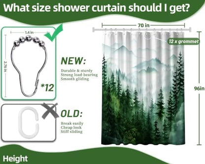 Dark Green and White Extra Long Shower Curtain, Tall 72X96 in, Forest