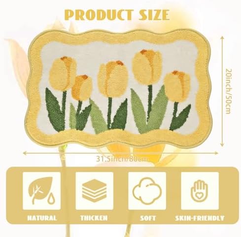 Wave-Shaped Tulip Bath Mat, Soft Non-Slip Fluffy Fresh Flowers Bathroom Rug, Ultra Absorbent Microfiber Shaggy Doormat, Machine Washable Floral Bath Rug for Bathroom Bedroom 20x32 Inch (Wave Yellow)