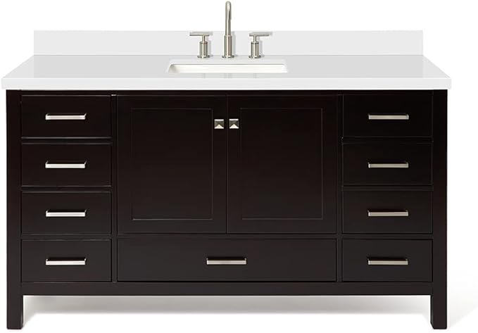 ARIEL Cambridge 60-inch Bathroom Vanity with Sink,Solid Wood, 1.5-inch Pure White Quartz Countertop, Single Rectangular Porcelain Sink, 2 Soft Closing Doors, 9 Dovetail Drawers, Espresso