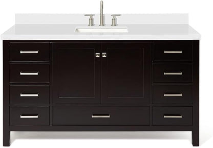 ARIEL Cambridge 60-inch Bathroom Vanity with Sink,Solid Wood, 1.5-inch Pure White Quartz Countertop, Single Rectangular Porcelain Sink, 2 Soft Closing Doors, 9 Dovetail Drawers, Espresso