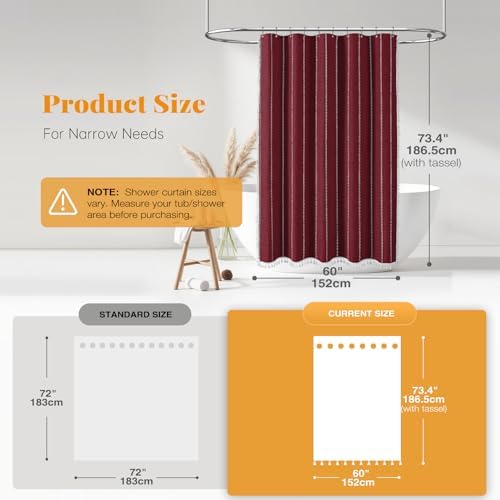 BTTN 60x72 Boho Farmhouse Linen Heavy Duty Shower Curtain Set, Burgundy