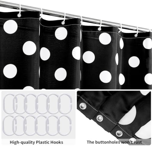 Polka Dots Shower Curtain, Black White Waterproof Fabric Shower Curtain for Bathroom with Modern Abstract Geometric Circle Bath Curtain Decor with Hooks, Machine Washable, 65''Wx72''L