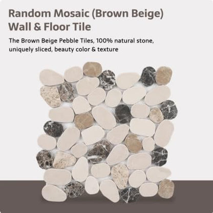 Pebble Tile, Brown Beige Sliced Pebble Stone Tiles for Shower Kitchen Backsplash Bathroom Wall and Floor, 4 Sheets