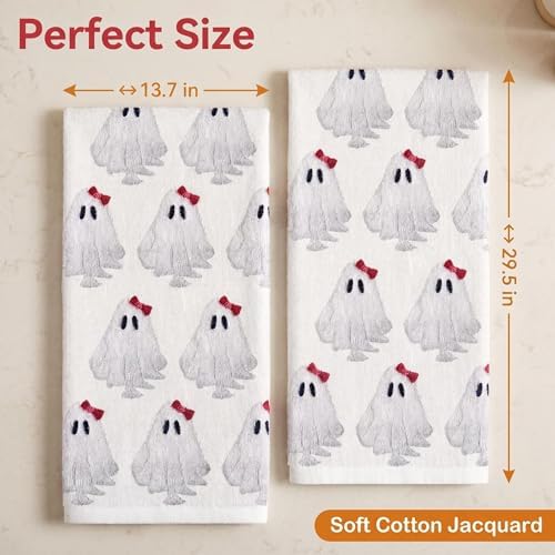 2 Pack Halloween Hand Towels 100% Cotton Jacquard Bow Ghost Halloween Kitchen Towels White Bathroom Towels Set Seasonal Bathroom Decor(Bow Ghost)