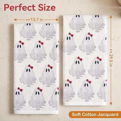 2 Pack Halloween Hand Towels 100% Cotton Jacquard Bow Ghost Halloween Kitchen Towels White Bathroom Towels Set Seasonal Bathroom Decor(Bow Ghost)