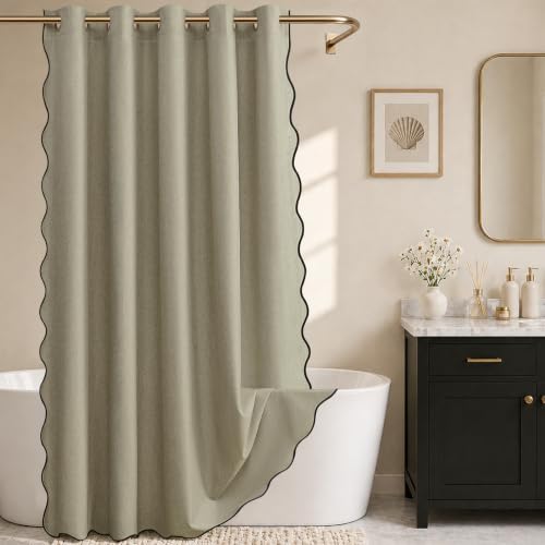 Furlinic Scalloped Shower Curtain No Hook Boho 78x75 Extra Wide Linen Taupe