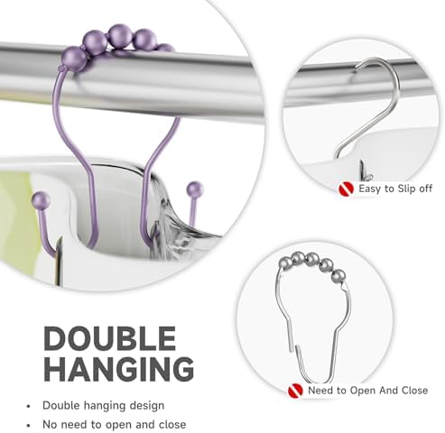 Bathway Shower Curtain Hooks, Shower Curtain Rings Rust Proof Double Hook Shower Curtain Hooks, 12 Pcs Purple Shower Hooks for Shower Curtain, Shower Rings for Curtain, Metal Shower Rod Hooks