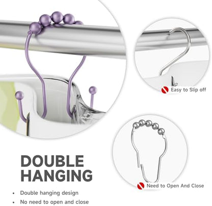 Bathway Shower Curtain Hooks, Shower Curtain Rings Rust Proof Double Hook Shower Curtain Hooks, 12 Pcs Purple Shower Hooks for Shower Curtain, Shower Rings for Curtain, Metal Shower Rod Hooks