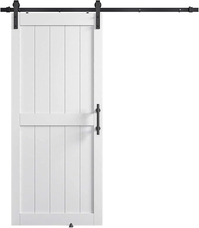 36 x84in MDF Sliding Barn Door with 6.6ft Barn Door Hardware Kit & Handle | White Solid Barn Door Slab Covered with Water-Proof PVC Surface, Pre-Drilled Holes Easy Assembly, H-Frame