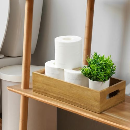 ALELION 14 Inch Acacia Wood Bathroom Storage Basket with Handles, Toilet Paper Basket for Back of Toilet Tank Top, Wooden Organizer Tray for Bathroom Countertop, Vanity, Kitchen, Pantry, Laundry Room