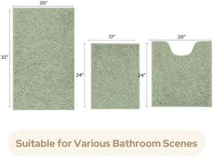 HOMEIDEAS Sage Green Chenille Bathroom Rugs Set of 3, Non Slip Bath Mat
