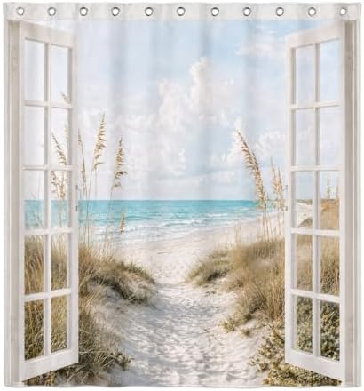 Beach Shower Curtain, Rustic Country Coastal Ocean Decor Bathroom Curtains, Seaside Scenery Waterproof Polyester Fabric Shower Curtain with Hooks 72x72 Inch