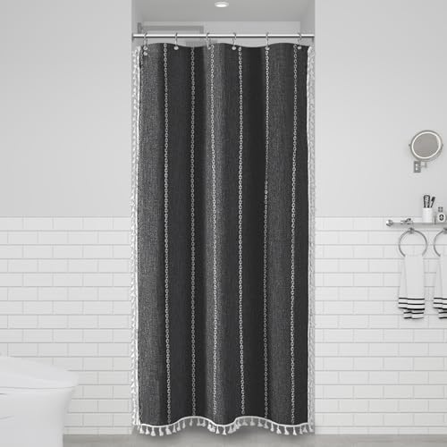BTTN Small Boho Linen Heavy Duty Cloth Shower Curtain, 36x72, Charcoal Grey