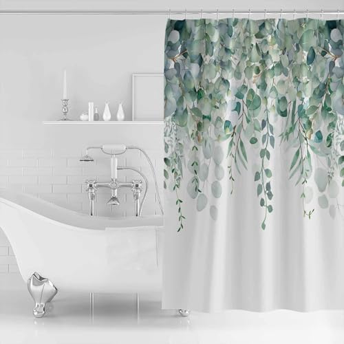 Shower Curtain Bathroom Set Green Eucalyptus Leaf on White Waterproof Shower Curtains with Grommets Hooks Fallen Leaves Watercolor Privacy Bath Curtain for Bathtub Decor 48x72in