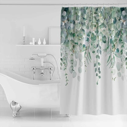 Shower Curtain Bathroom Set Green Eucalyptus Leaf on White Waterproof Shower Curtains with Grommets Hooks Fallen Leaves Watercolor Privacy Bath Curtain for Bathtub Decor 48x72in