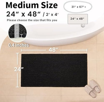Black Bathroom Rug, Waffle Bath Mat Non Slip Washable, 24" x 48"