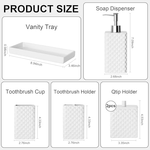 Bathroom Accessories Set Resin 6PCS, Square Toothbrush Holders Set Complete with Soap Dispenser, Vanity Tray, Tumbler, Cups and Cotton Swab Jars (White Diamond, Resin Bath 6 PCS)