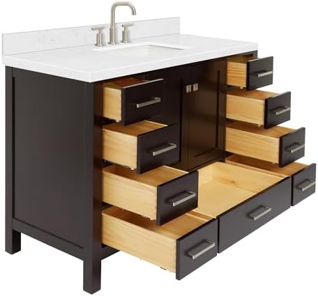 ARIEL Cambridge 48-inch Bathroom Vanity with Sink,Solid Wood, 1.5-inch Carrara White Quartz Countertop, Single Rectangular Porcelain Sink, 2 Soft Closing Doors, 9 Dovetail Drawers, Espresso
