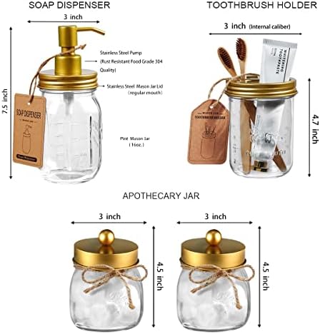 Amolliar Mason Jar Bathroom Accessories Set, 4 Pcs Glass Bathroom Set, Gold