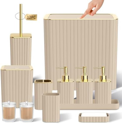 Bathroom Accessory Set - Bathroom Set, 12PC Bathroom Accessories Set, Beige Bathroom Accessories Set, Mini Trash Can, Toilet Brush, Trash Can & Soap Dispenser
