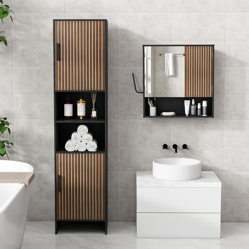 Bathroom Storage Cabinet, Tall Narrow Storage Cabinet with USB Light, Black