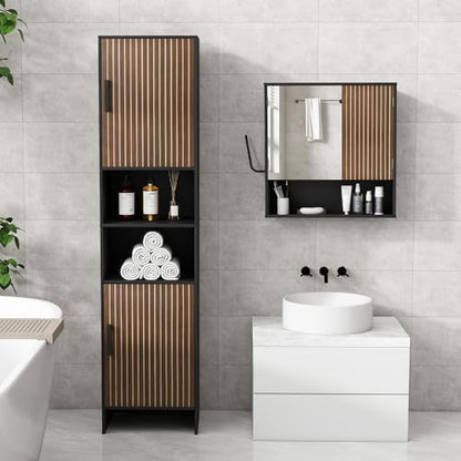 Bathroom Storage Cabinet, Tall Narrow Storage Cabinet with USB Light, Black
