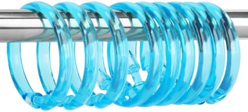 Blue Shower Curtain Hooks - 12 Pcs Circular Plastic Shower Curtain Rings for Bathroom - O Shaped Transparent Aqua Blue Shower Hooks Rings for Shower Curtain Rod