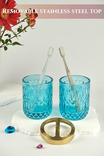 LaMarriti Teal Bathroom Accessorries Set, 5Pcs Glass Bathroom Set