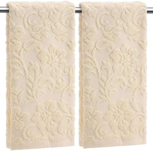 SmoothNovelty 2 Pcs Beige Floral Jacquard Hand Towels for Bathroom