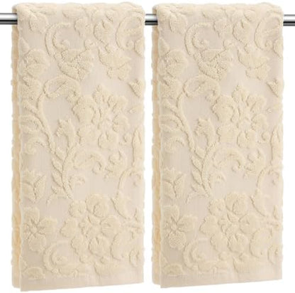 SmoothNovelty 2 Pcs Beige Floral Jacquard Hand Towels for Bathroom