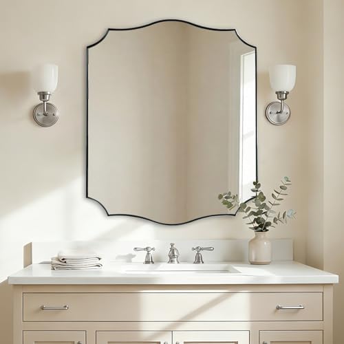 ANDY STAR 30x36 Inch Brushed Nickel Bathroom Mirror, Scalloped Mirror for Bathroom Vanity, Modern Silver Mirror in Anti-Rust Stainless Steel Frame, Elegant Curved Scallop Design Ideal for Home Remodel