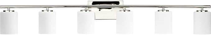 Progress Lighting Replay Collection 6 Light Bathroom Vanity Light, Modern Bath Lighting Fixture with Etched White Glass Shades for Over The Mirror, Reversible Mounting, Polished Nickel