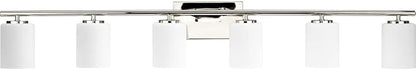 Progress Lighting Replay Collection 6 Light Bathroom Vanity Light, Modern Bath Lighting Fixture with Etched White Glass Shades for Over The Mirror, Reversible Mounting, Polished Nickel