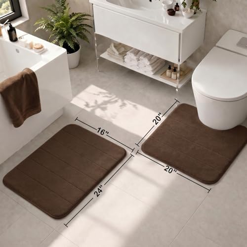 2 Piece Memory Foam Bath Mat Set, Extra Soft Absorbent Bathroom Rugs with U-Shaped Toilet Rug, Non-Slip Backing, Machine Washable, 24x16 + 20x20 U-Shaped, Coffee