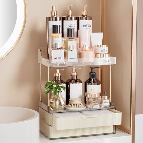 Delamu 4-Tier Makeup Organizer, Bathroom Counter, 2 Drawers,Cream White