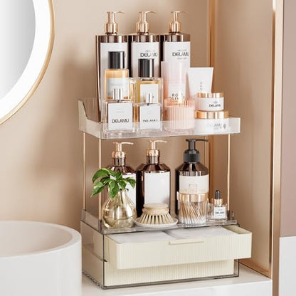 Delamu 4-Tier Makeup Organizer, Bathroom Counter, 2 Drawers,Cream White