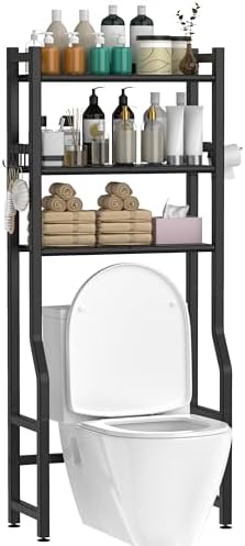 Livilord 3 Tier Over The Toilet Storage Rack with Toilet Paper Holder, Metal Freestanding Bathroom Shelves with 4 Hooks, Over Toilet Storage Shelf for Bathroom Storage, Black