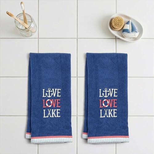 Ritz 2-Piece Cotton Velour Bathroom Hand Towel Set, Embroidered Live Love Lake Design, Soft Navy Blue Nautical Decorative Towels for Lake House, Cottage, Cabin Decor, 16” x 26”