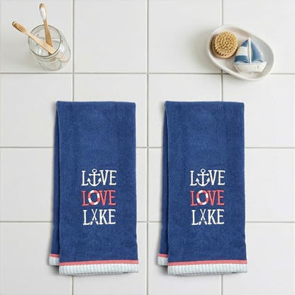 Ritz 2-Piece Cotton Velour Bathroom Hand Towel Set, Embroidered Live Love Lake Design, Soft Navy Blue Nautical Decorative Towels for Lake House, Cottage, Cabin Decor, 16” x 26”