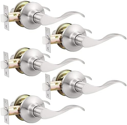 GOBEKOR 5 Pack Brushed Nickel Passage Door Levers Interior Door Handles for Hallway and Closet Door Lock Keyless Wave Lever Door Handles