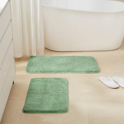 TECHMILLY Non-Slip Bathroom Rugs Sets 2 Piece, Fluffy Soft Luxury Microfiber Shower Mat, Absorbent, Washable & Quick Dry for Bath Floor, Green