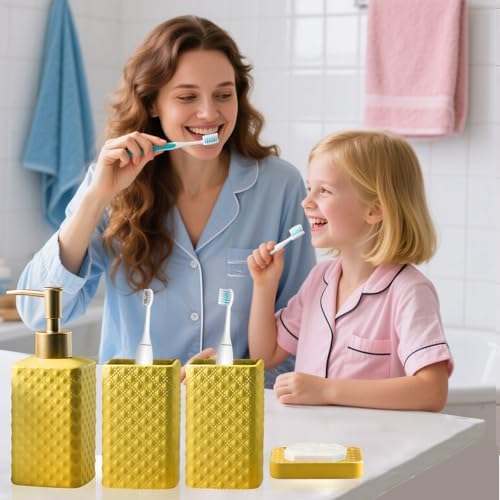 Jessie Bathroom Accessories Set, 3 or 4-Piece Ceramic Bathroom Accessory Set,Soap Dispenser,Toothbrush Holders Set,Tumbler,Soap Dish Embossed Matte Bathroom for Modern Bathrooms (Yellow 4-Piece Suit)