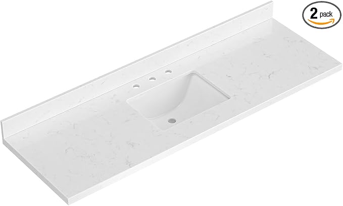 ARIEL 66 inch Bathroom Vanity top with Sink, 1.5 Inch Thick Miter Edge Carrara White Quartz top, Rectangle Single Porcelain Sink, Includes Backsplash