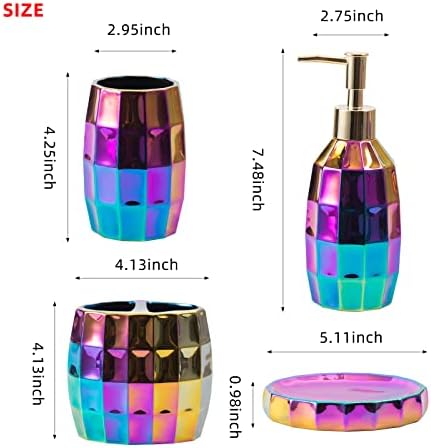 Rainbow Bathroom Accessory Set, Colorful/Gold Mosaic Ceramic Bathroom Accessories Sets Includes Lotion Dispenser, Toothbrush Holder Tumbler, and Soap Dish